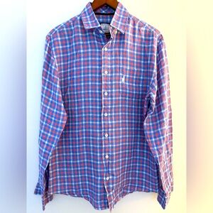 Johnnie O Men’s long sleeve 100% Linen size Large blue & pink checkered pattern